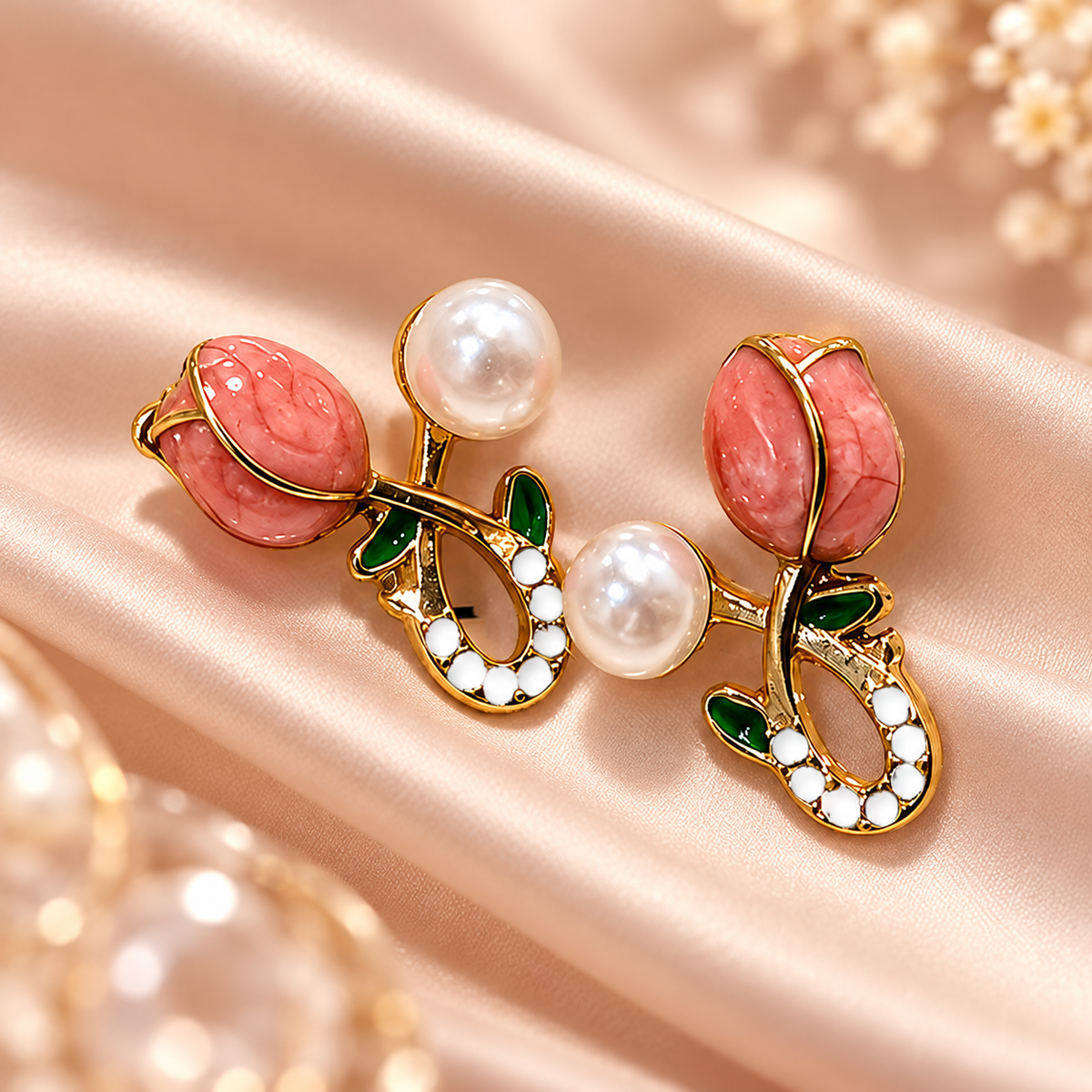 Pink Rosebud & Pearl Earrings