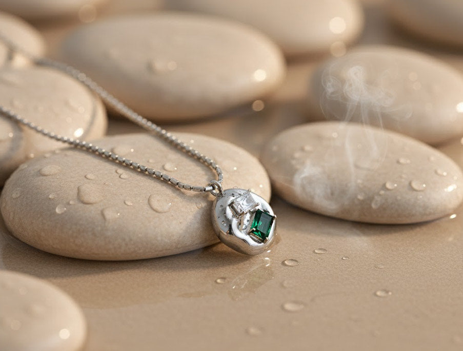 Molten Style Pendant Necklace with Emerald-Hue Stone