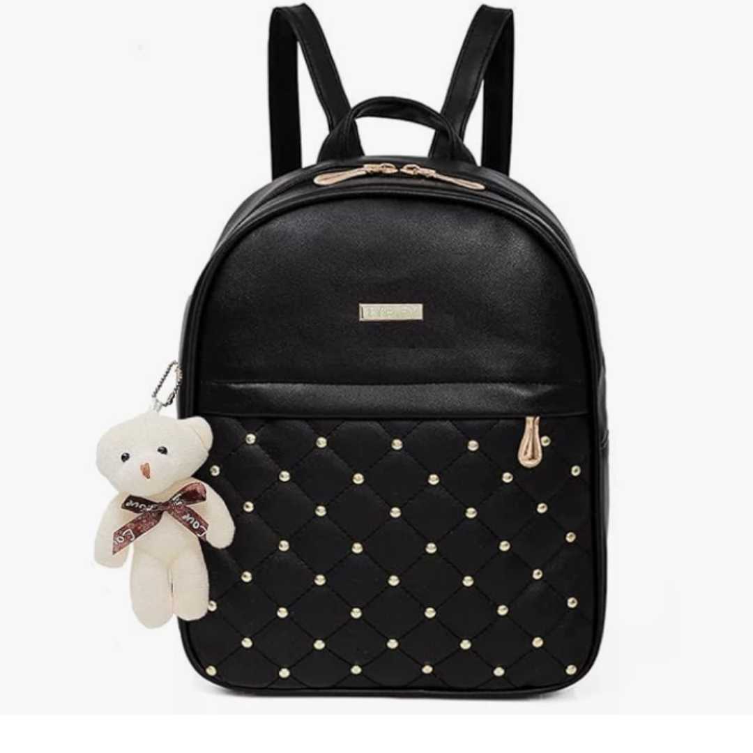 Leather Teddy Keychain Women's Backpack (Black)