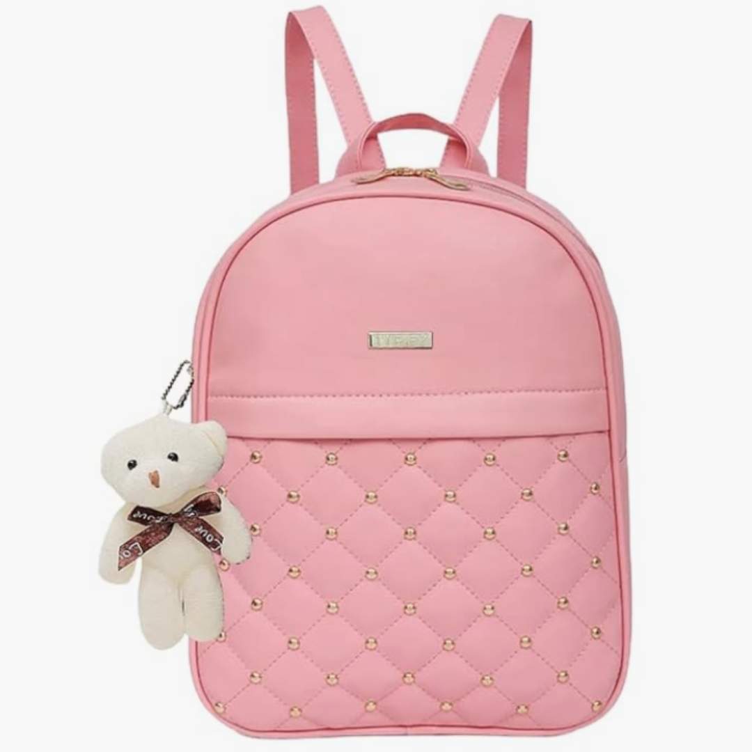 Leather Teddy Keychain Women's Backpack (Pink)