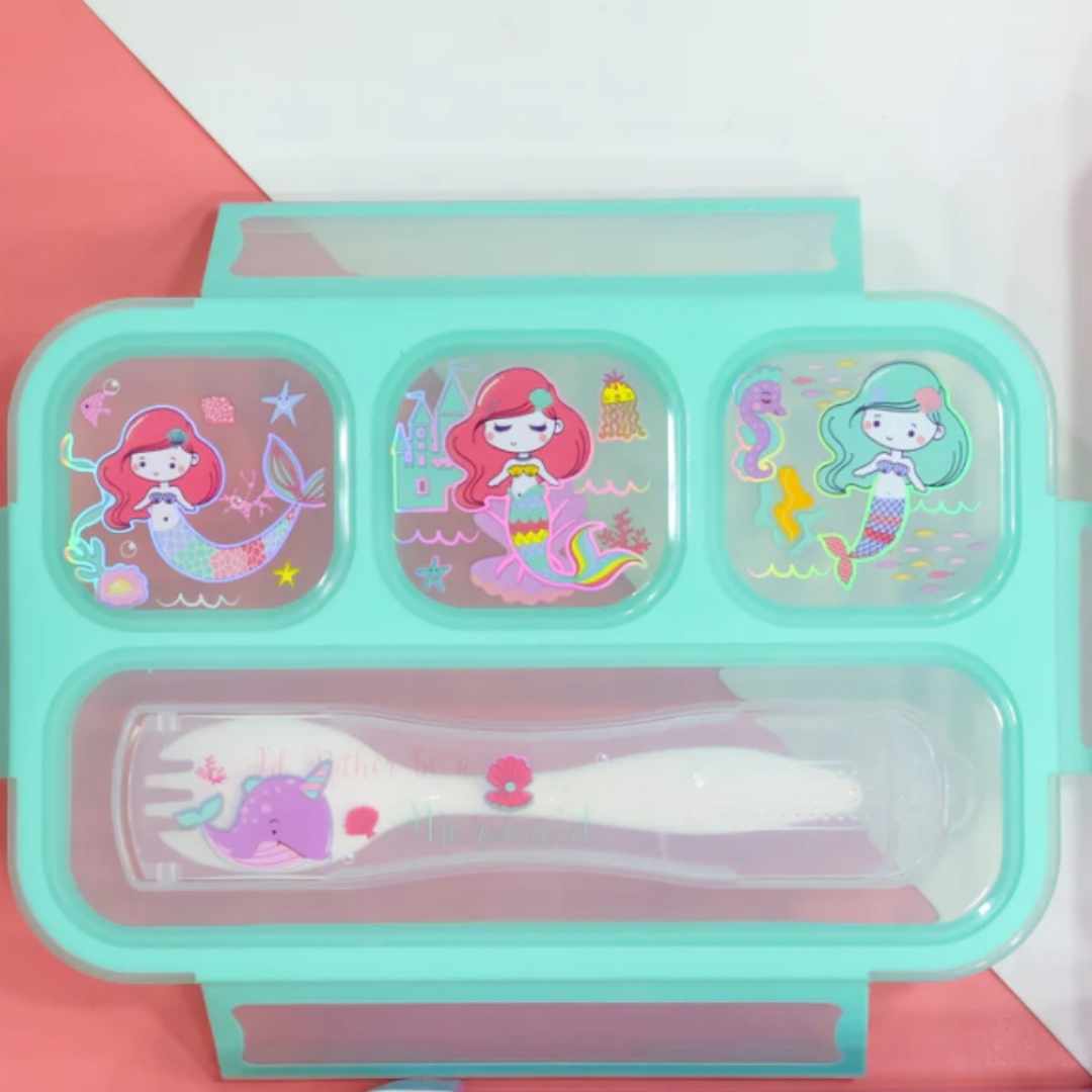 🧜Mermaid Cartoon Designed Lunch box with 3 Containers and 1 Spoon