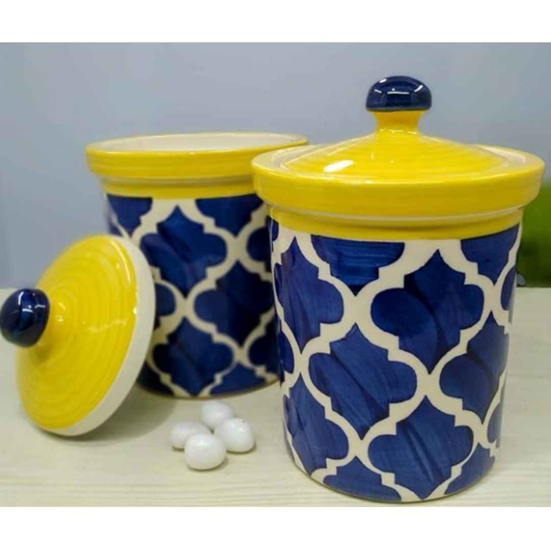 Yellow And Blue Colored Decorative Food Jar (Set of 2)