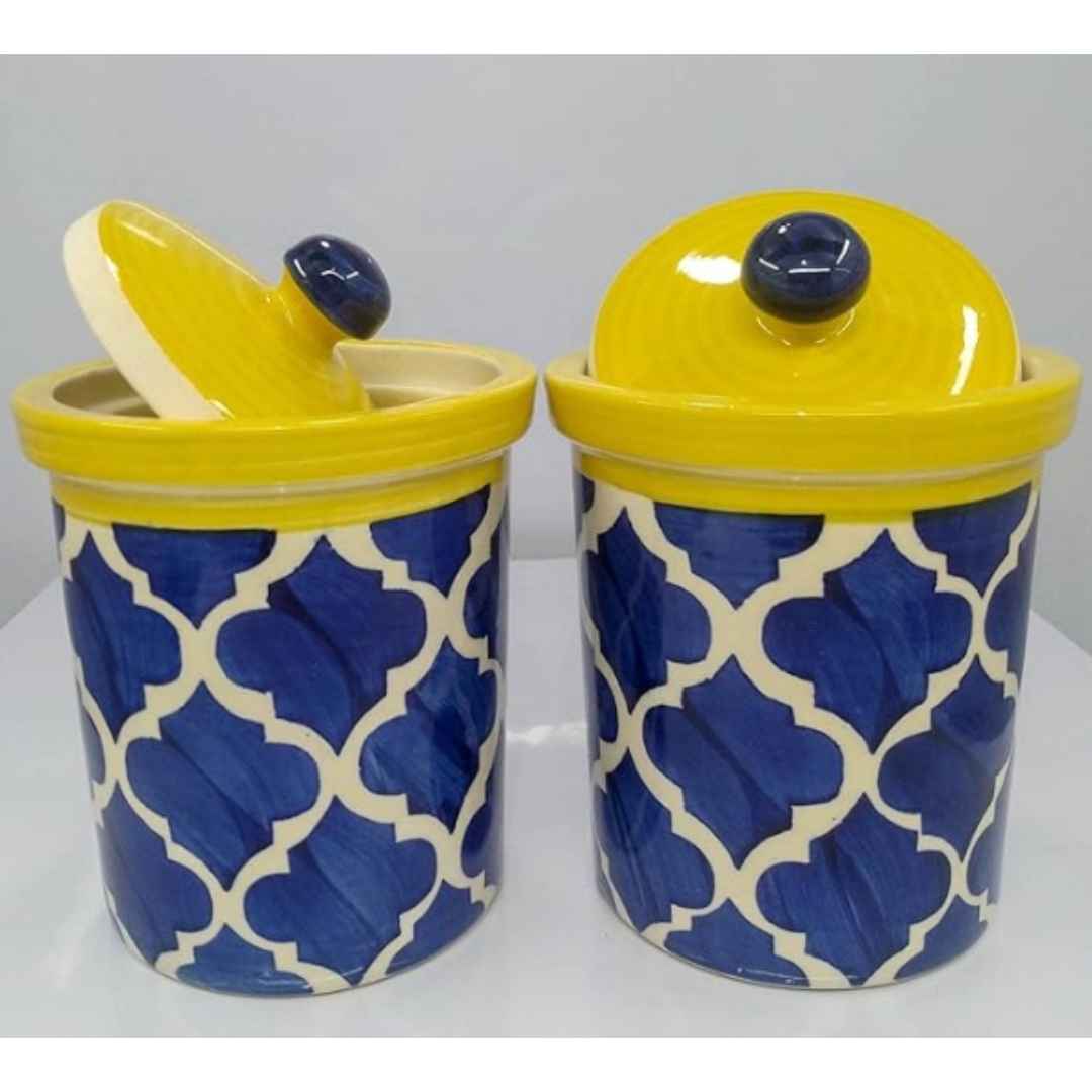 Yellow And Blue Colored Decorative Food Jar (Set of 2)