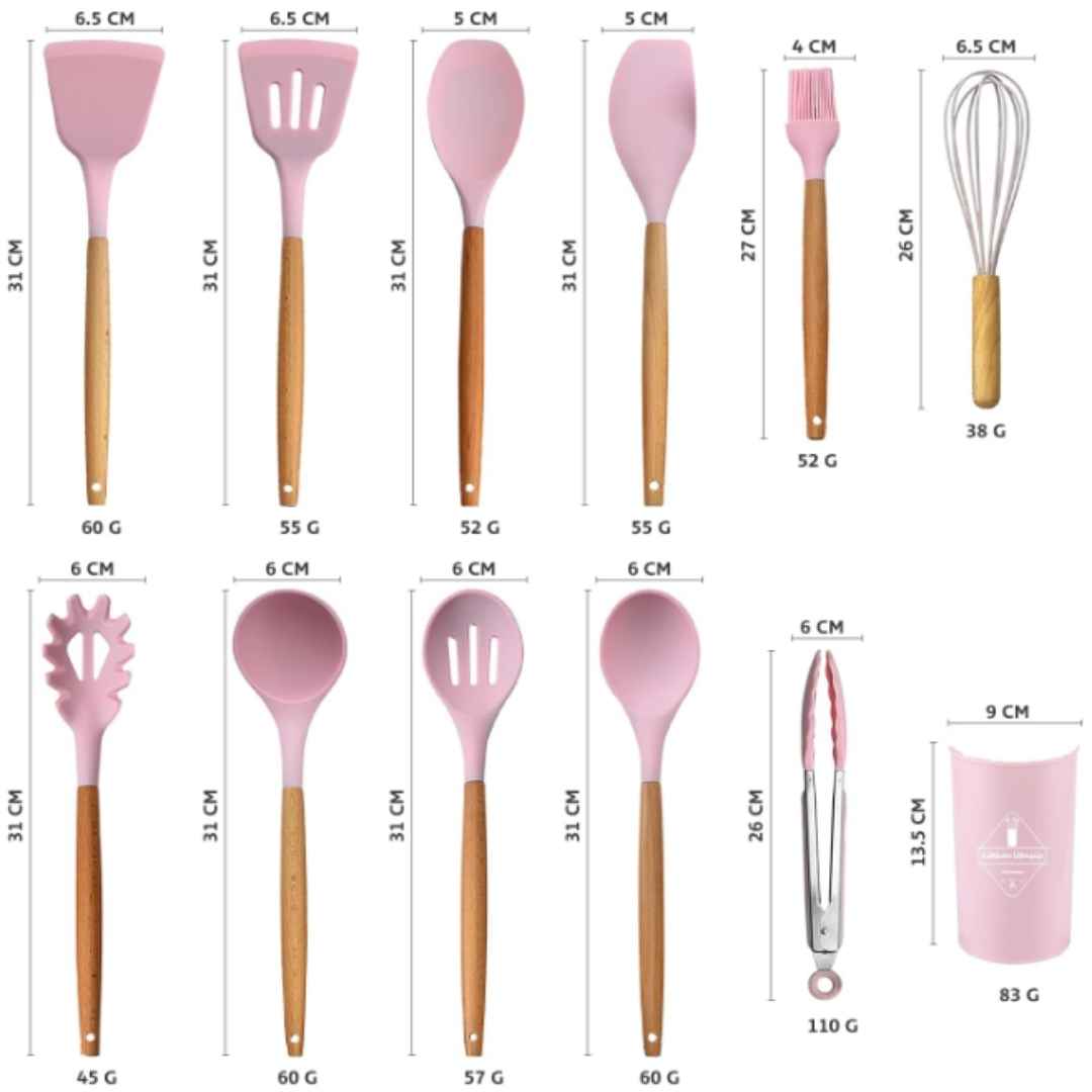 Silicone Cooking Kitchen Utensils Set With Wooden Holder (Set of 12 Pcs)