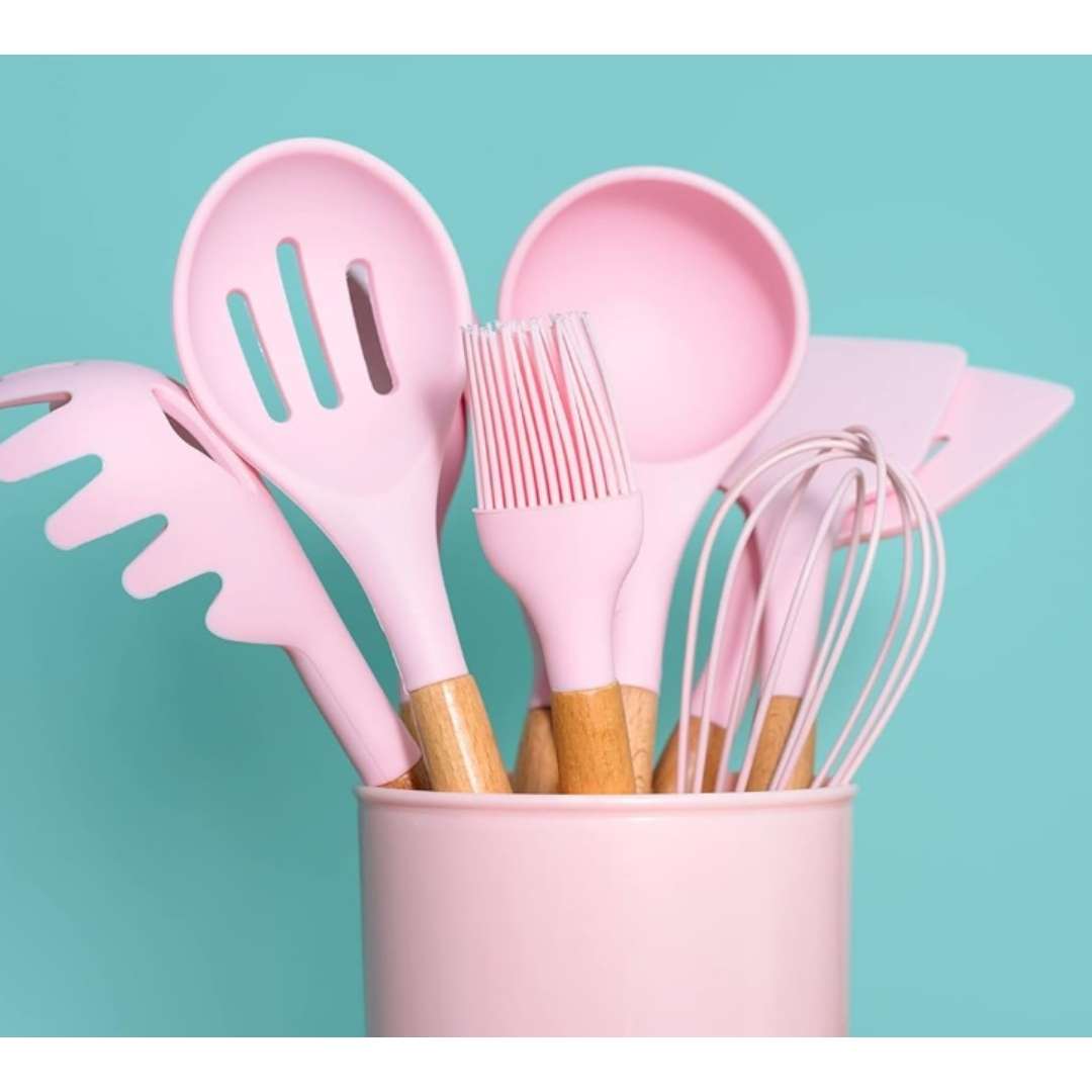Silicone Cooking Kitchen Utensils Set With Wooden Holder (Set of 12 Pcs)