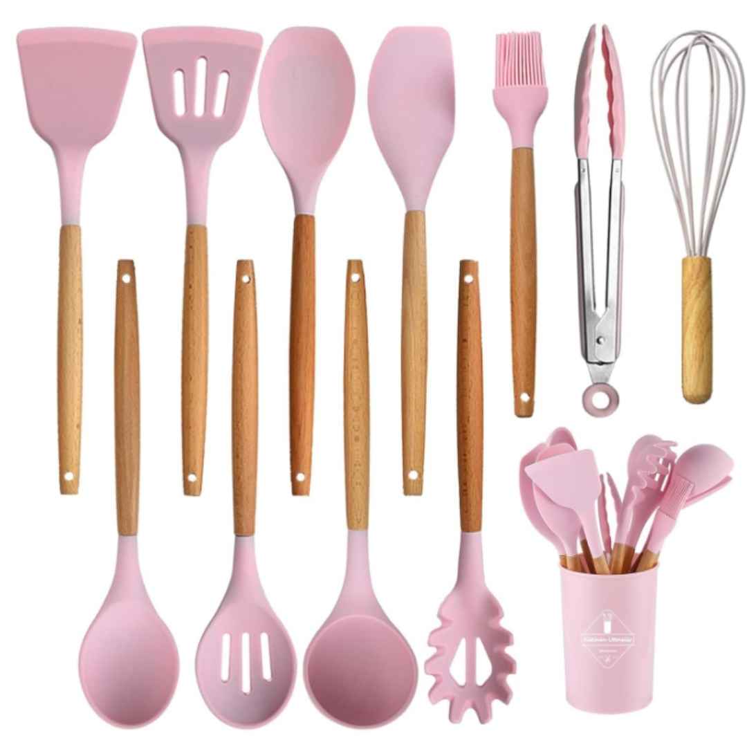 Silicone Cooking Kitchen Utensils Set With Wooden Holder (Set of 12 Pcs)