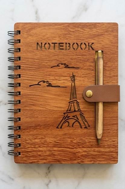 ENGRAVED WOODEN NOTEBOOK